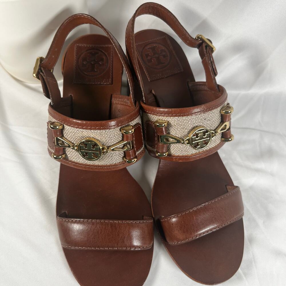 TORY BURCH Lowell Linen and Leather Block Heel Slingback Gold Hardware Sandals - Picture 4 of 10